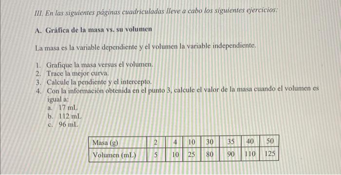 III. En las siguientes páginas cuadriculadas Ileve a cabo los siguientes ejercicios: A. Gráfica de la masa vs. su volumen La