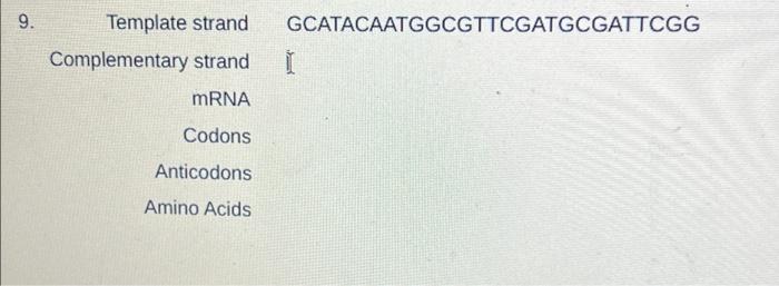 Solved 9. Template strand GCATACAATGGCGTTCGATGCGATTCGG | Chegg.com