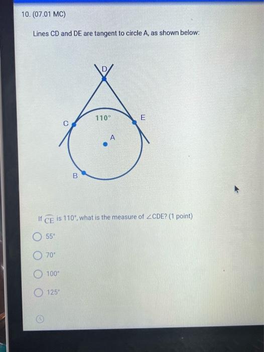 Solved 10. (07.01 MC) Lines CD and DE are tangent to circle