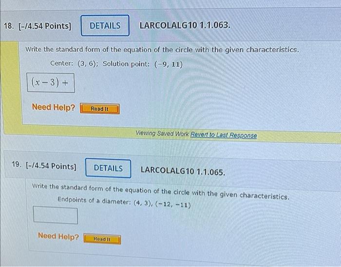Solved Write the standard form of the equation of the circle | Chegg.com