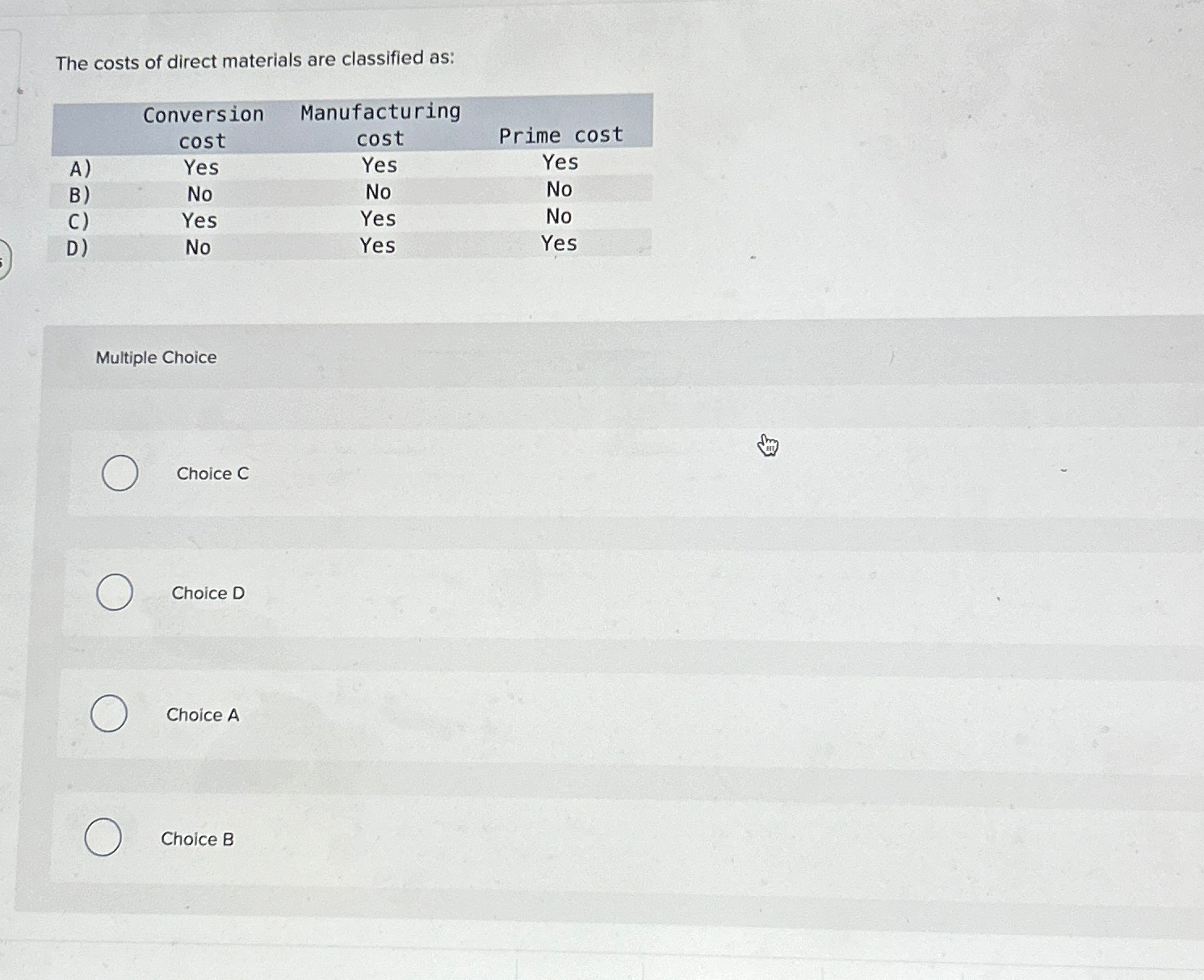 The costs of direct materials are classified