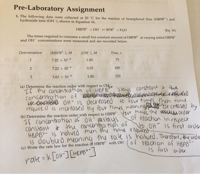 Pre-Laboratory Assignment 1. The Following Data Were | Chegg.com