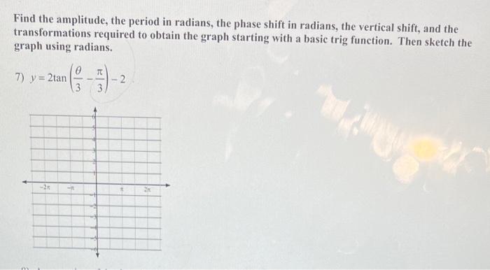 Find the amplitude, the period in radians, the phase shift in radians, the vertical shift, and the transformations required t