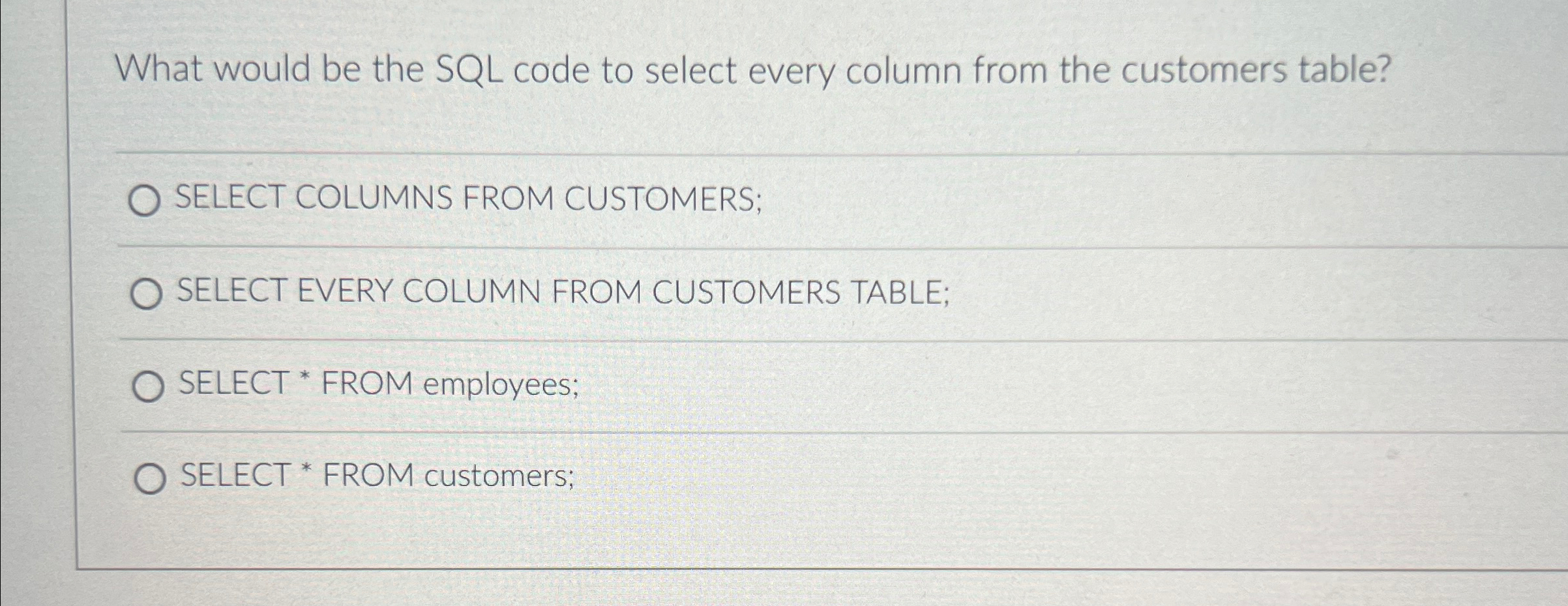 Solved What would be the SQL code to select every column | Chegg.com