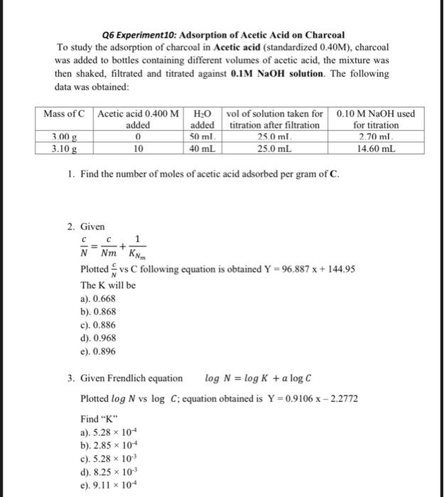 adsorption of acetic acid on charcoal experiment calculations