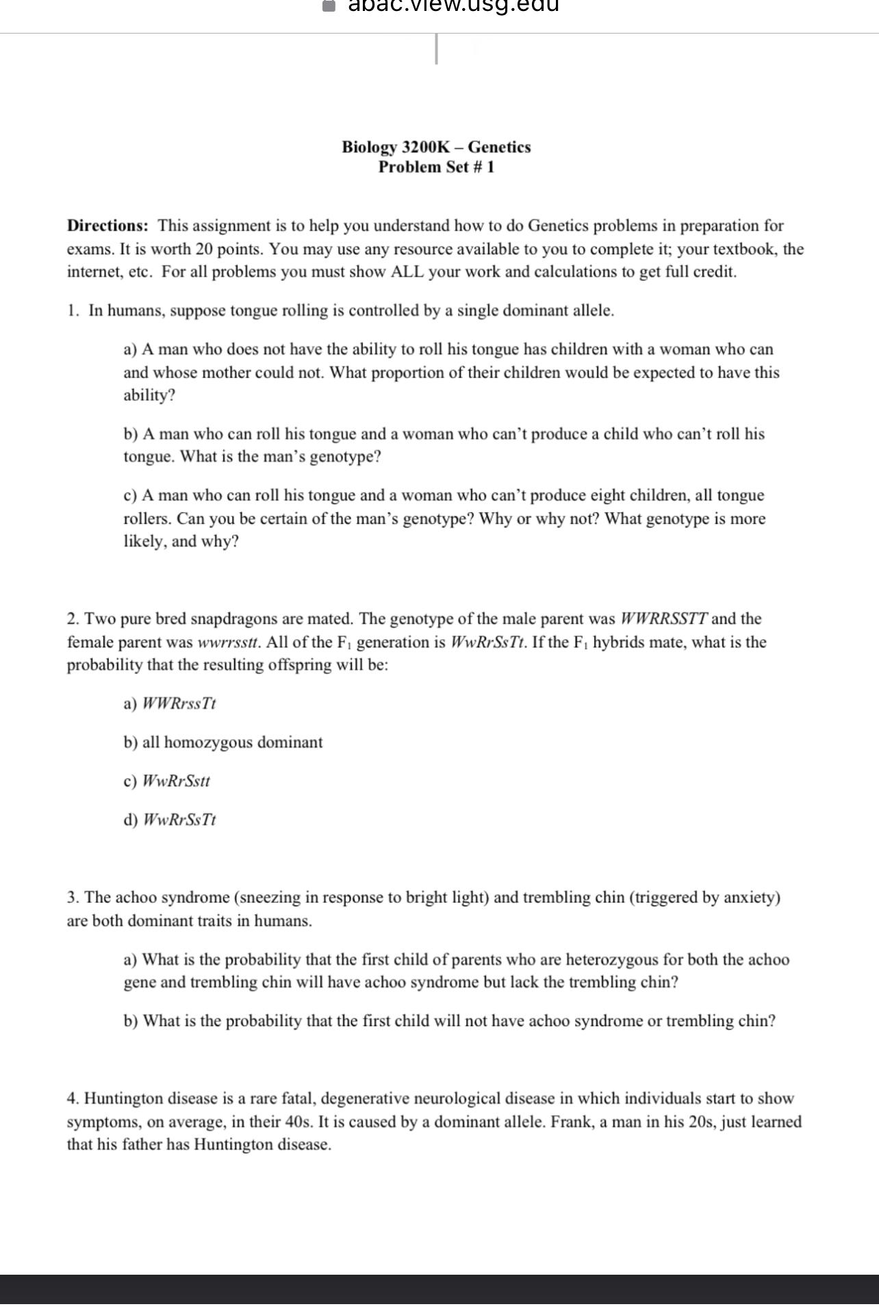 Solved Biology 3200K - ﻿GeneticsProblem Set # 1Directions: | Chegg.com