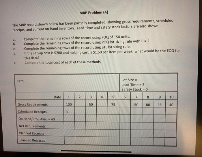 Solved MRP Problem (A) The MRP Record Shown Below Has Been | Chegg.com