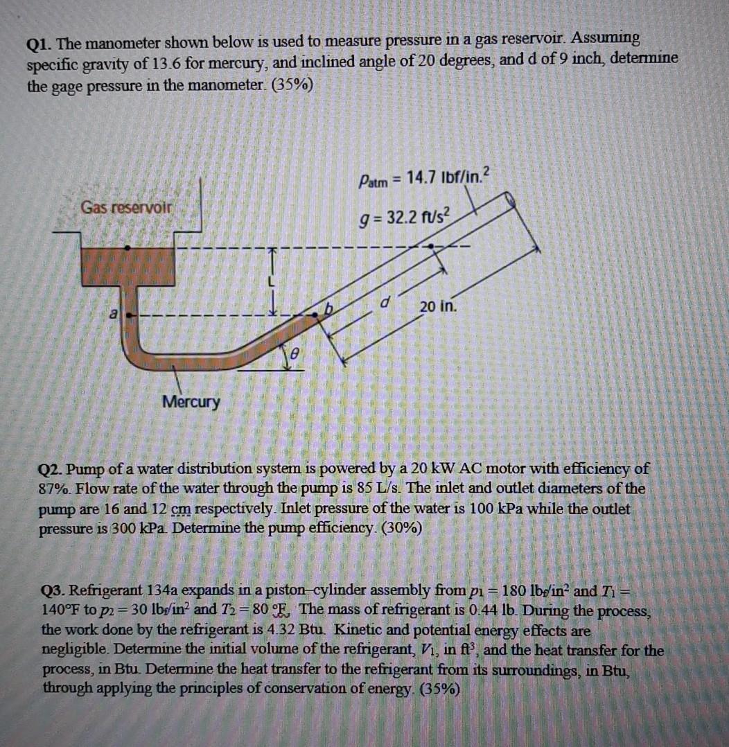Solved Q1. The manometer shown below is used to measure