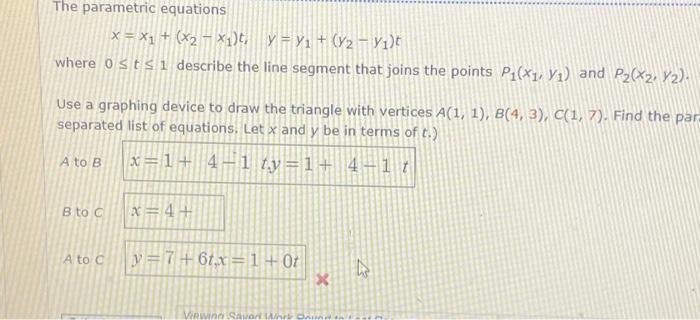 Solved The Parametric Equations X X1 X2−x1 T1y Y1 Y2−y1 T