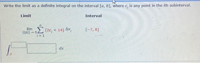 Limit Interval Solved Write the limit as a definite integral on the | Chegg.com