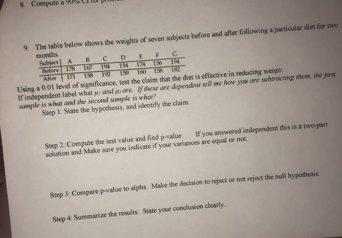 Solved 9. The table below shows the weights of seven | Chegg.com