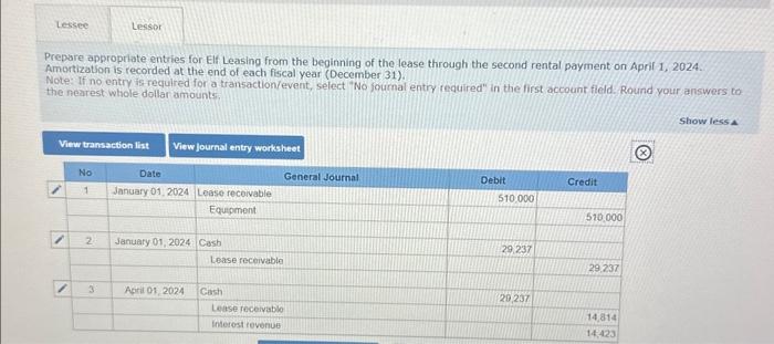 Prepare appropriate entries for Elf Leasing from | Chegg.com