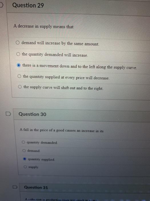 Solved > Question 29 A Decrease In Supply Means That O | Chegg.com