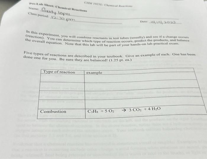 Solved Pre-Lab Sheet: Chemical Reactions Name: Geidy lopez | Chegg.com