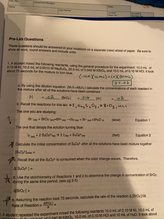 Solved The Kinetics Of The Iodine Clock Reaction Pre Lab | Chegg.com