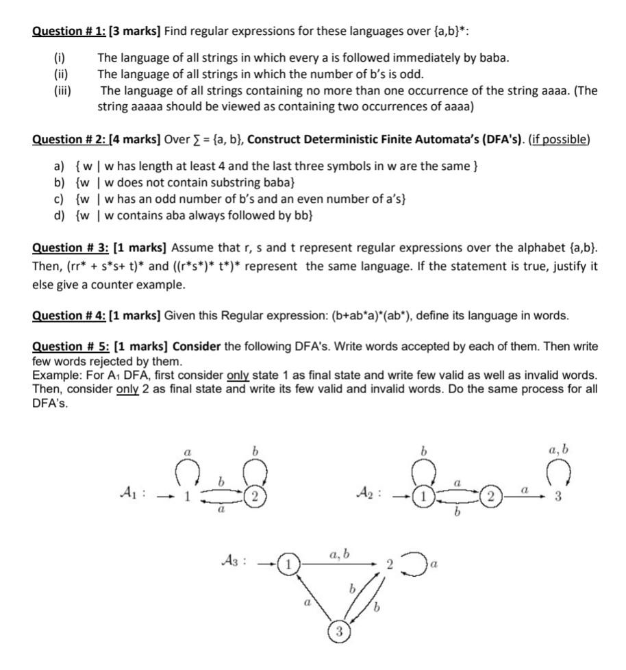 Solved Question # 1: [3 Marks] Find Regular Expressions For | Chegg.com