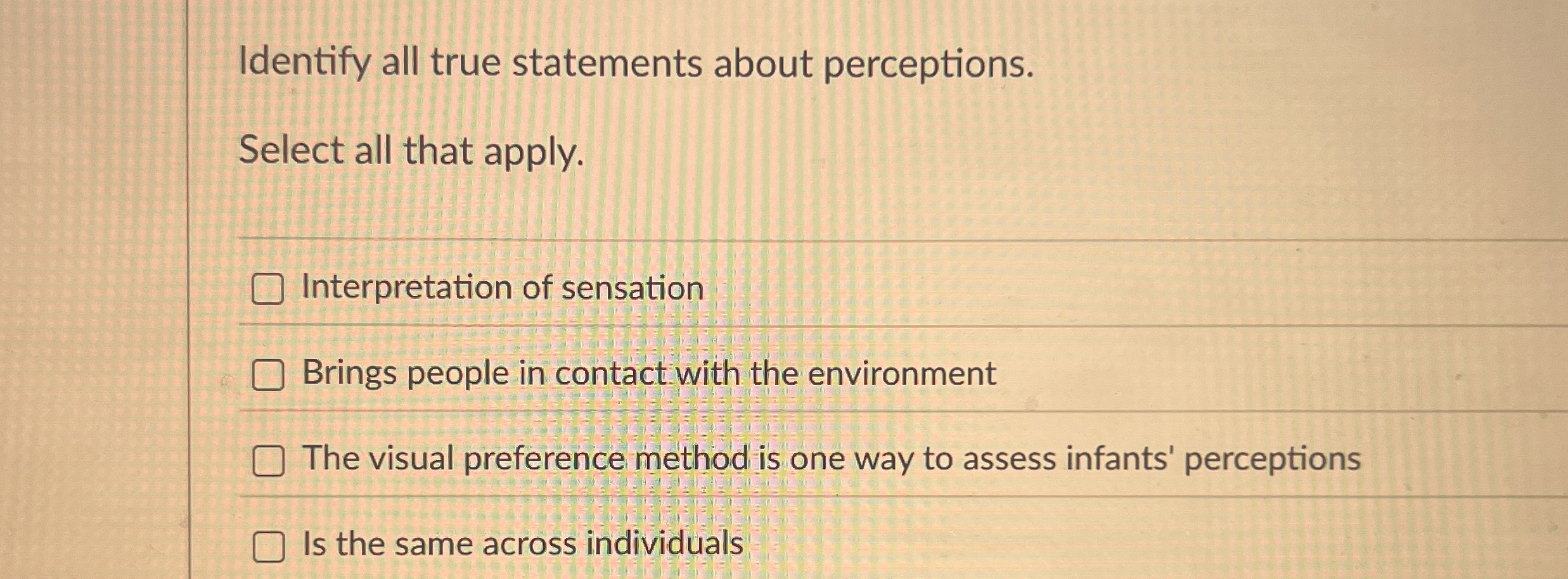 Solved Identify all true statements about perceptions.Select | Chegg.com