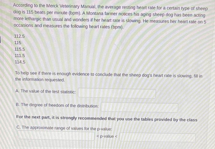 Solved According to the Merck Veterinary Manual, the average | Chegg ...