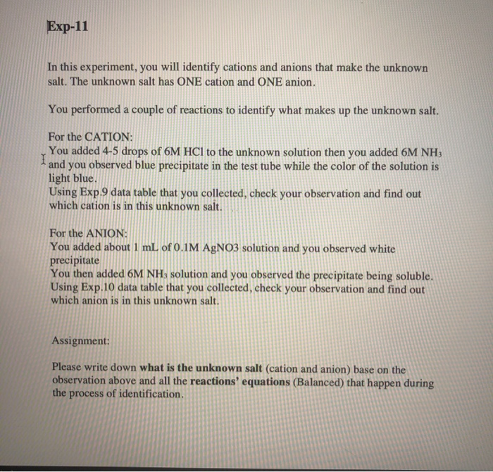 Solved what is the unknown salt (cation and anion) base on