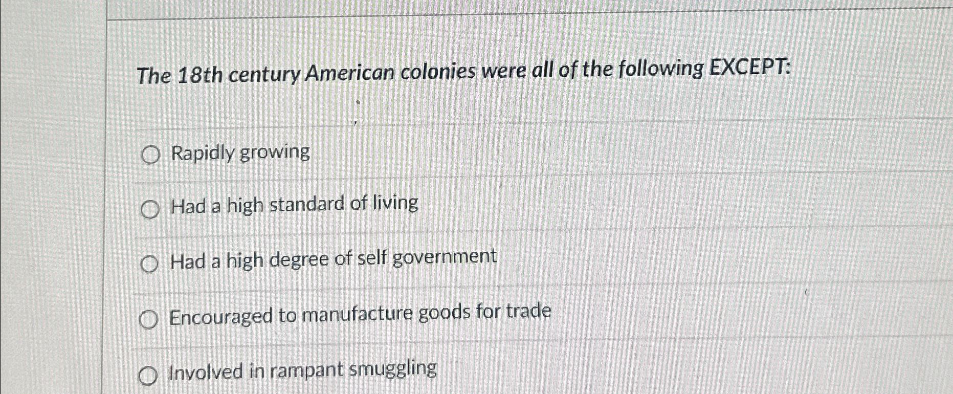 Solved The 18th century American colonies were all of the | Chegg.com