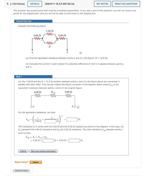 Solved 8. [-/16 Points) DETAILS SERCP11 18.3.P.007.MI.SA. MY | Chegg.com