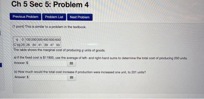 Solved Ch 5 Sec 5: Problem 4 Previous Problem Probler List | Chegg.com