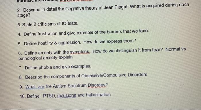 Solved 2. Describe in detail the Cognitive theory of Jean Chegg