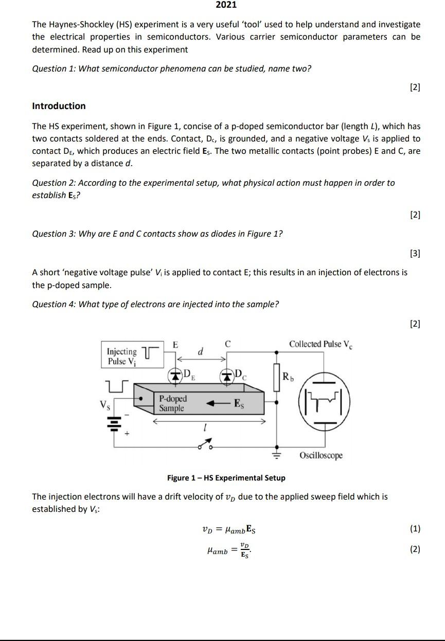 Solved Experiment A Haynes-Shockley experiment, with a setup | Chegg.com