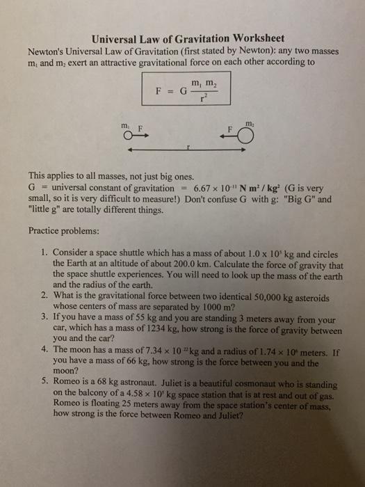Solved Universal Law of Gravitation Worksheet Newton's | Chegg.com