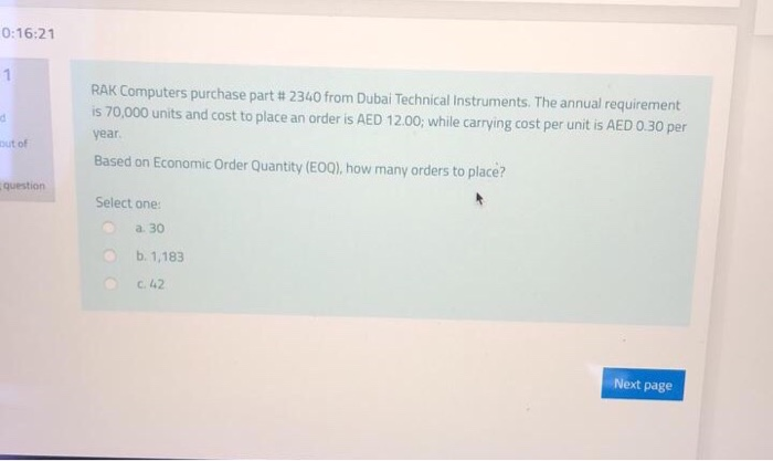 Solved 0:16:21 RAK Computers purchase part # 2340 from Dubai | Chegg.com