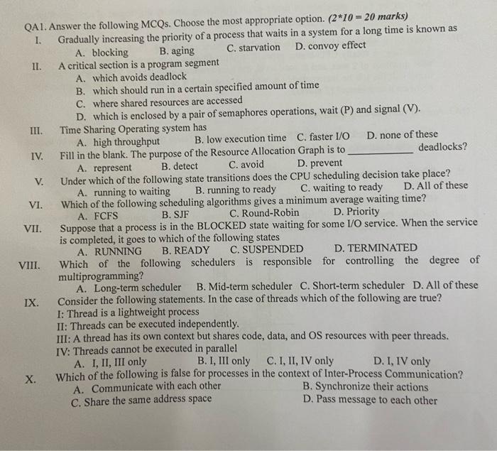 Solved QA1. Answer the following MCQs. Choose the most | Chegg.com