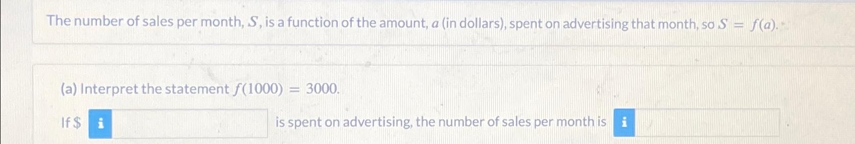 Solved The number of sales per month, S, ﻿is a function of | Chegg.com