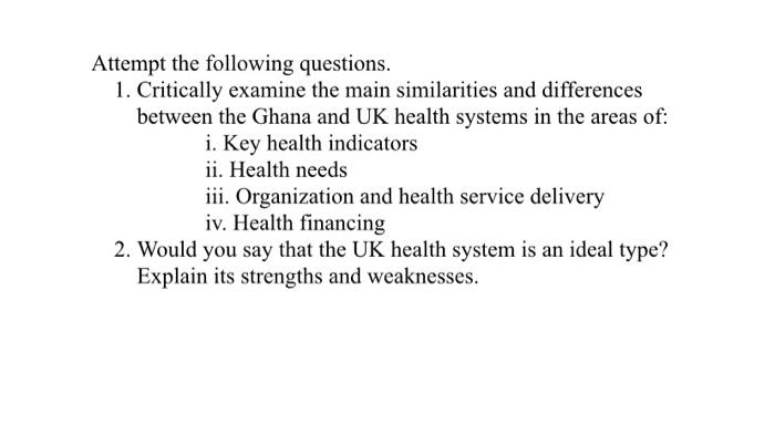 Attempt the following questions. 1. Critically examine the main similarities and differences between the Ghana and UK health