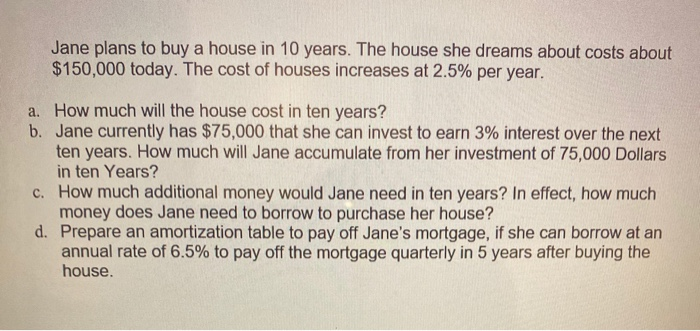 Solved Jane plans to buy a house in 10 years. The house she | Chegg.com