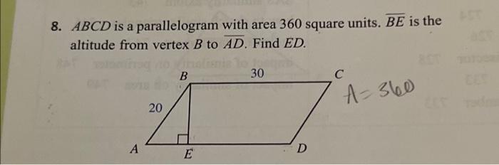 Solved 8. ABCD is a parallelogram with area 360 square | Chegg.com