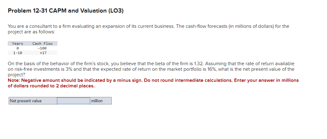 Solved Problem 12-31 ﻿CAPM and Valuation (LO3)You are a | Chegg.com
