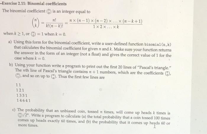 Solved Exercise 2.11: Binomial coefficients The binomial | Chegg.com