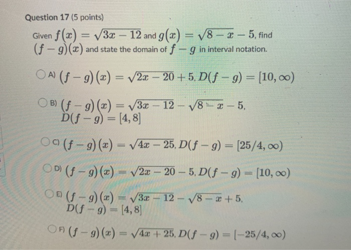 Solved Question 17 5 Points Given F X 3x 12 And G Chegg Com