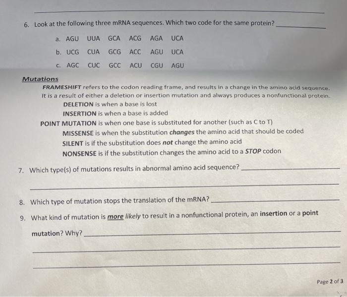 Solved 6. Look at the following three mRNA sequences. Which | Chegg.com