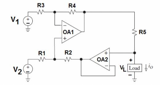 Solved R3 R4 M V1 DO OA1 + R5 + R1 R2 w OA2 V2 V_Load Vio | Chegg.com