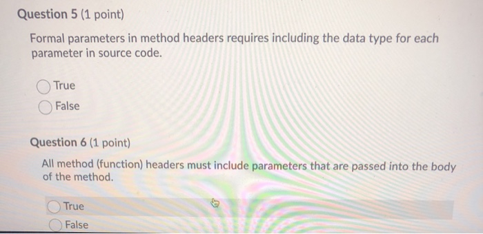 Solved Question 5 (1 point) Formal parameters in method | Chegg.com