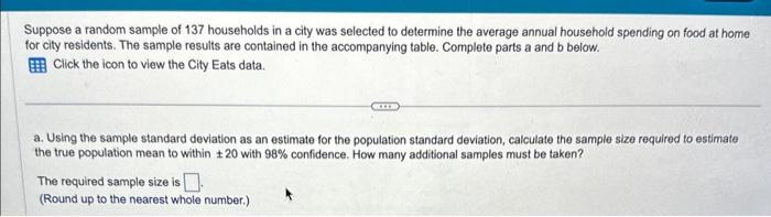 Solved Suppose a random sample of 137 households in a city | Chegg.com