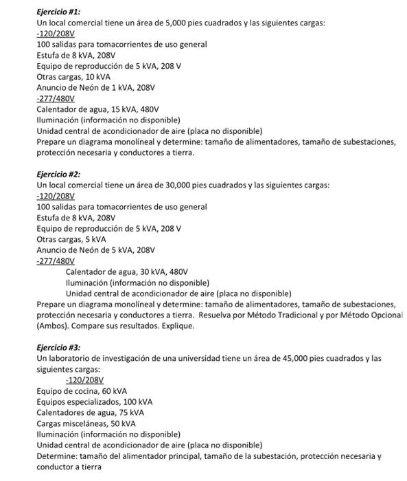 Ejercicio \#1: Un local comercial tiene un área de 5,000 pies cuadrados y las siguientes cargas: \( \underline{-120 / 208 \ma