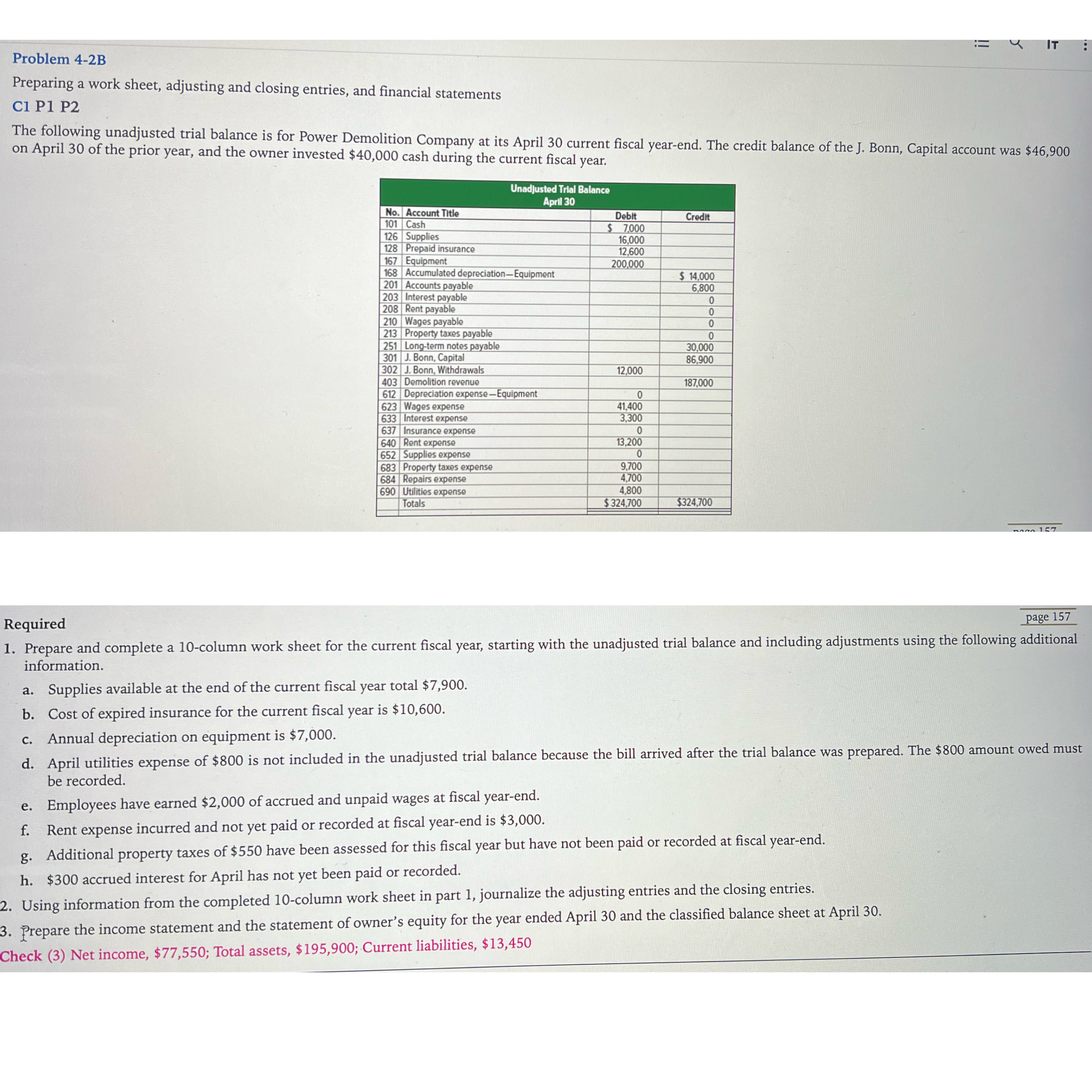 Solved Prepare and complete a 10-column work sheet for the | Chegg.com