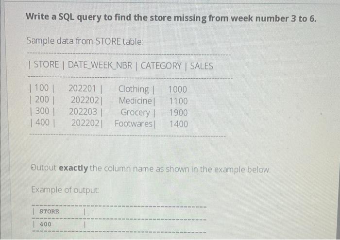 Solved Write a SQL query to find the store missing from week | Chegg.com