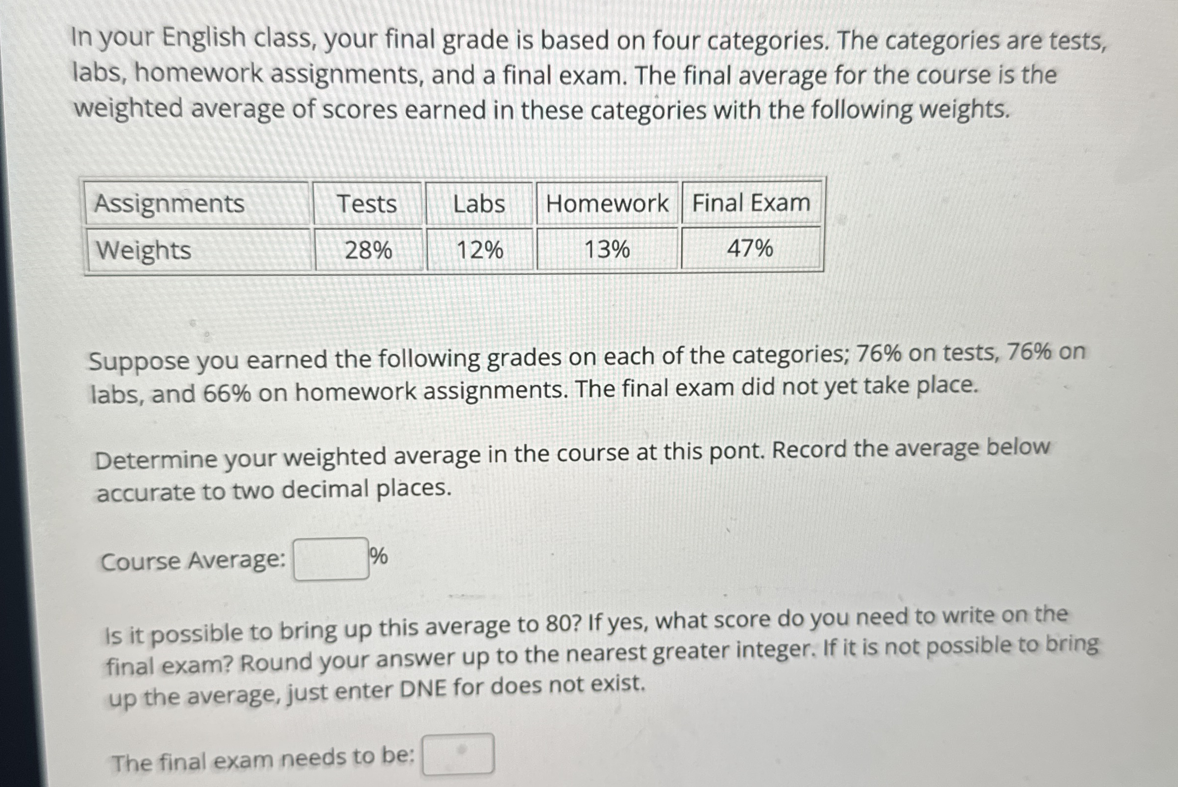 Solved In your English class, your final grade is based on | Chegg.com