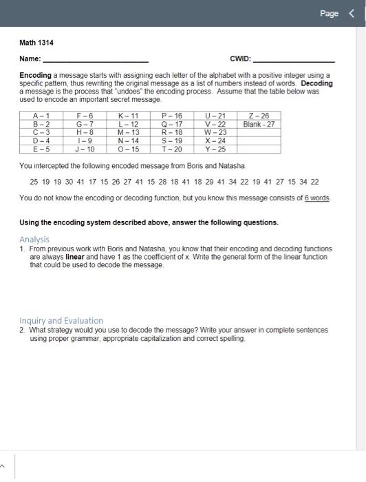 Solved Page Math 1314 Name Cwid Encoding A Message St Chegg Com