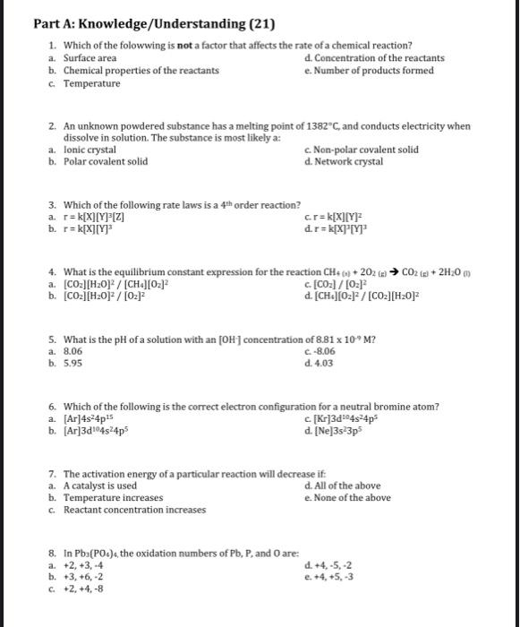 Solved Part A: Knowledge/Understanding (21) 1. Which of the | Chegg.com