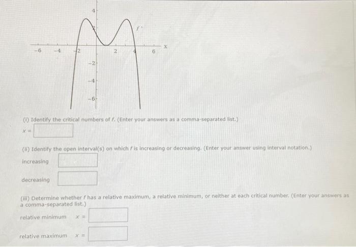 -6
X=
-4
(i) Identify the critical numbers of f. (Enter your answers as a comma-separated list.)
decreasing
-6
(ii) Identify 