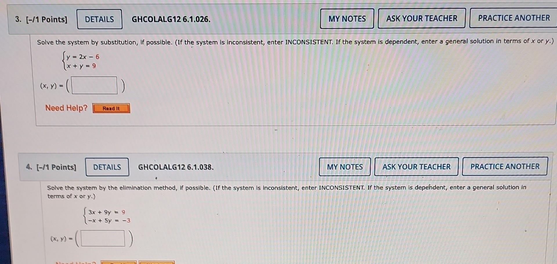 Solved [-/1 Points] GHCOLALG12 6.1.026. Solve the system by | Chegg.com